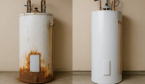 a rusted water heater next to a brand new water heater in Richardson, TX - Burst Pipe Repair and Replacement