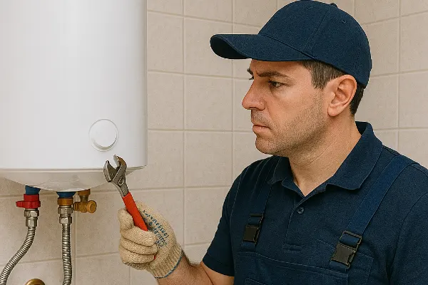 a male plumber working on a water heater mounted on the wall in Richardson, TX - Burst Pipe Repair and Replacement