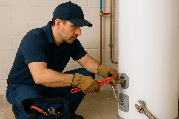 a male plumber working on a water heater connection in Richardson, TX - Burst Pipe Repair and Replacement