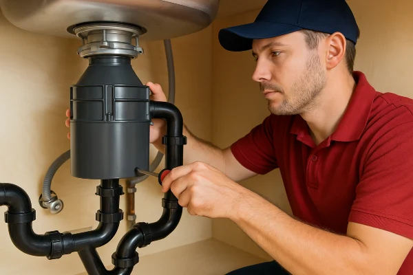 a male plumber using a screwdriver to fix a garbage disposal in Richardson, TX - Burst Pipe Repair and Replacement