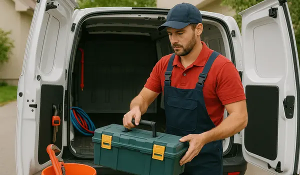 a plumbing technician putting his toolbox back in his van in Richardson, TX - Commercial Plumbing Services