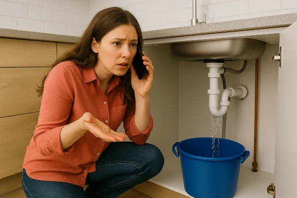 a woman on the phone about a water leak underneath her kitchen sink in Richardson, TX - Commercial Plumbing Services