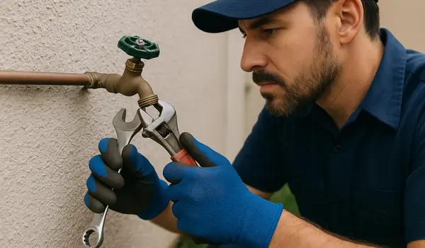 a male plumber fixing an outdoor faucet in Richardson, TX - PRV Valve Replacement