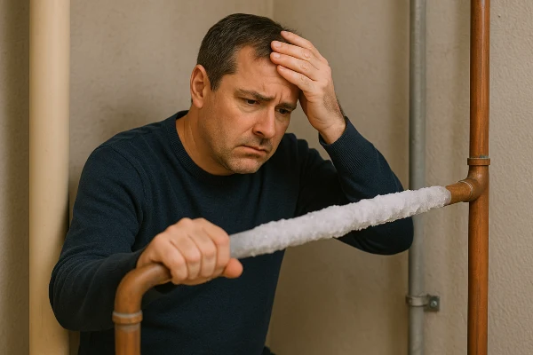 a worried plumber looking at a frozen pipe in Richardson, TX - PRV Valve Replacement