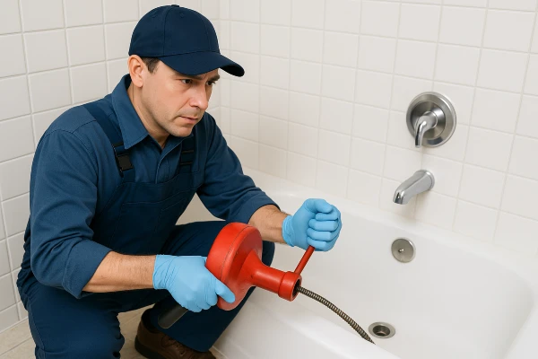 a plumber running a snake to clear a bathtub drain in Richardson, TX - PRV Valve Replacement