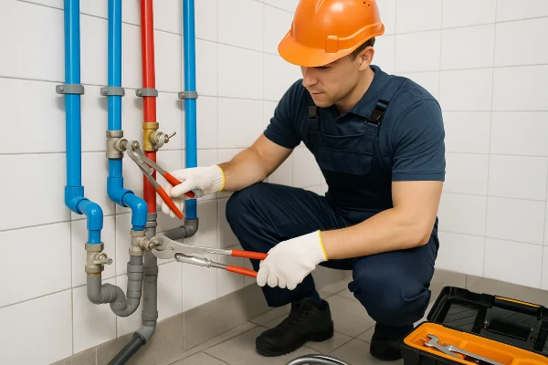 a plumber working on commercial pipe connections in Richardson, TX - PRV Valve Replacement