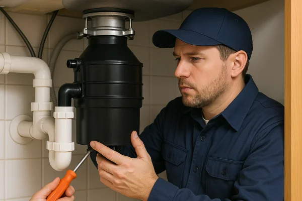 a technician working on a garbage disposal in Richardson, TX - Residential Plumbing Services