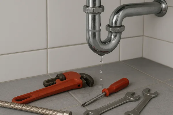 a sink water leak and plumbing tools on the floor in Richardson, TX - Residential Plumbing Services