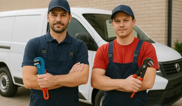 2 male plumbers looking at the camera in Richardson, TX - Water Softener Replacement