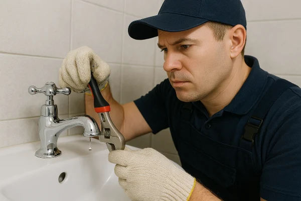 a plumbing technician using a tool to fix a water faucet in Richardson, TX - Water Softener Replacement