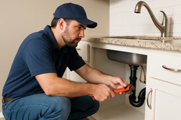 a male plumber checking a kitchen sink pipe connection in Richardson, TX - Water Softener Replacement